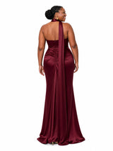 ChicSew Unique Halter Side Slit Mermaid Soft Satin Ruched Floor-Length Bridesmaid Dresses