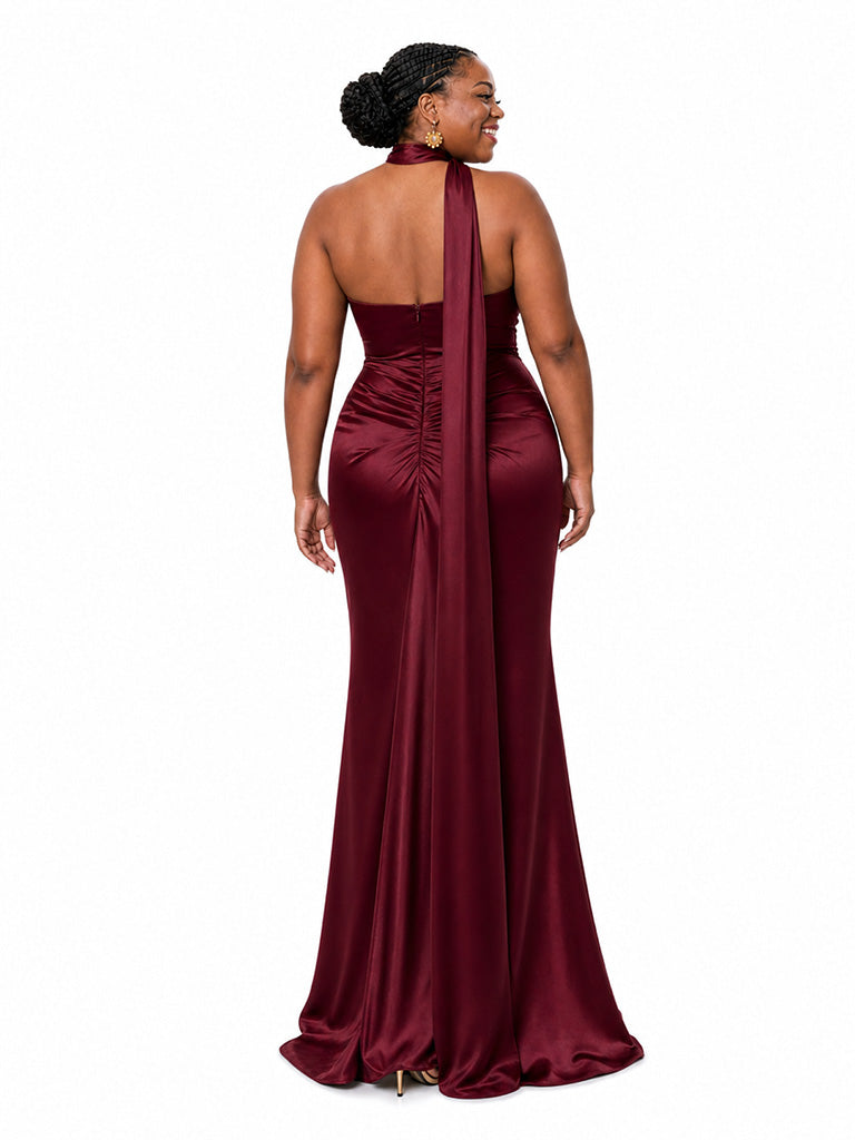 ChicSew Unique Halter Side Slit Mermaid Soft Satin Ruched Floor-Length Bridesmaid Dresses