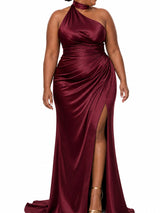 ChicSew Unique Halter Side Slit Mermaid Soft Satin Ruched Floor-Length Bridesmaid Dresses