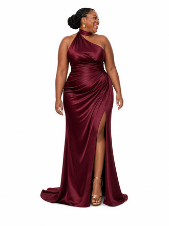 ChicSew Unique Halter Side Slit Mermaid Soft Satin Ruched Floor-Length Bridesmaid Dresses
