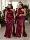 ChicSew Unique Halter Side Slit Mermaid Soft Satin Ruched Floor-Length Bridesmaid Dresses