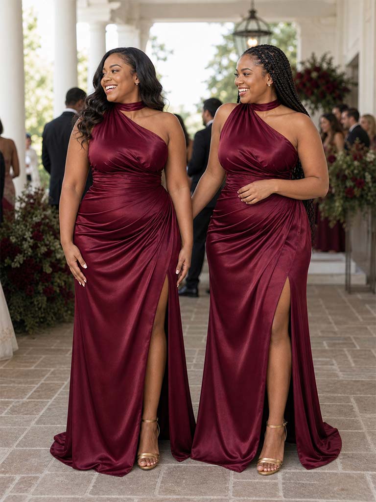 ChicSew Unique Halter Side Slit Mermaid Soft Satin Ruched Floor-Length Bridesmaid Dresses