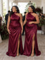 ChicSew Unique Halter Side Slit Mermaid Soft Satin Ruched Floor-Length Bridesmaid Dresses
