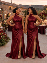 ChicSew Unique Halter Side Slit Mermaid Soft Satin Ruched Floor-Length Bridesmaid Dresses