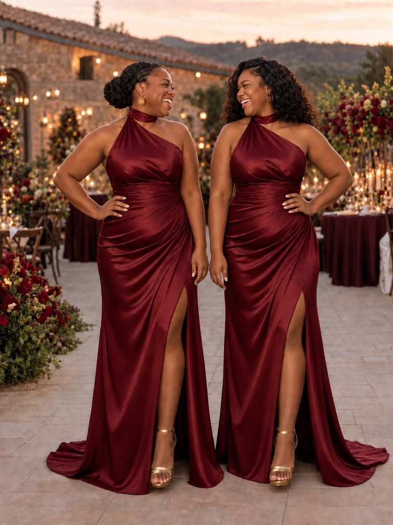 ChicSew Unique Halter Side Slit Mermaid Soft Satin Ruched Floor-Length Bridesmaid Dresses