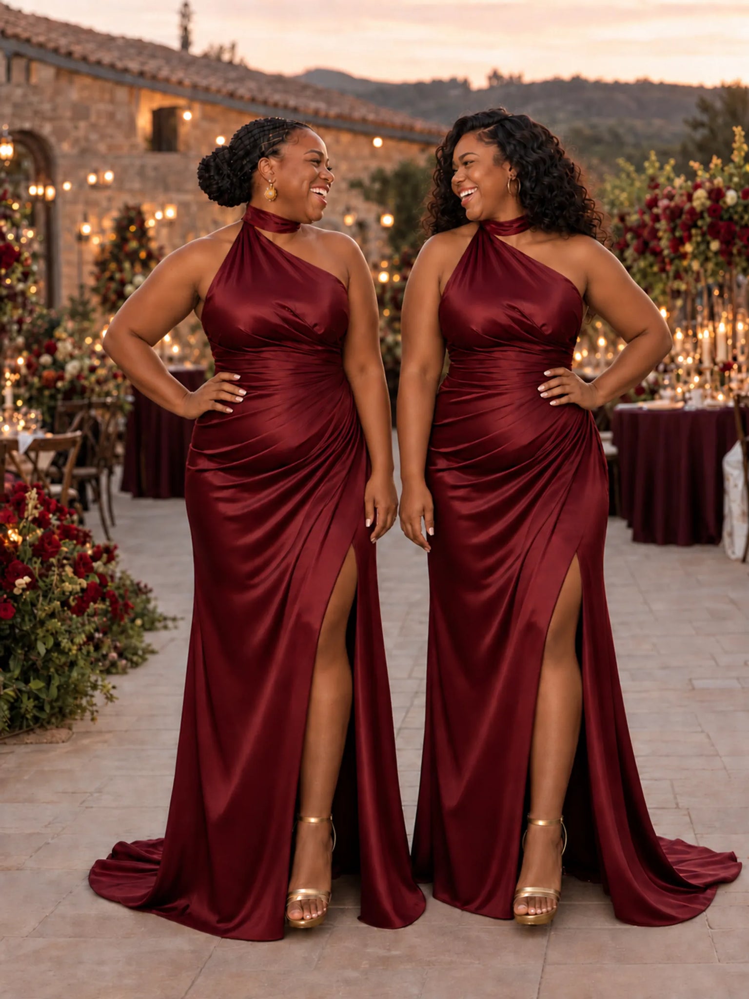 ChicSew Unique Halter Side Slit Mermaid Soft Satin Ruched Floor-Length Bridesmaid Dresses