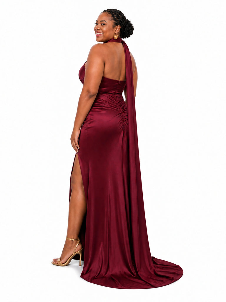 ChicSew Unique Halter Side Slit Mermaid Soft Satin Ruched Floor-Length Bridesmaid Dresses