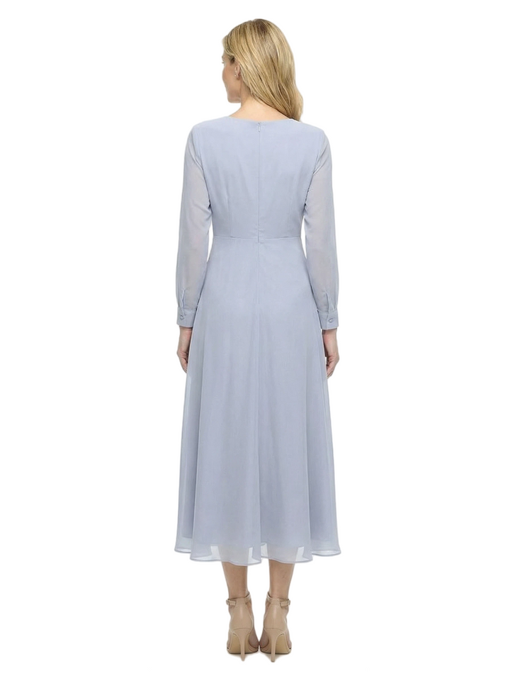 Chicsew Modern V-Neck Tea-Length Long Sleeves Ruched A-Line Chiffon Mother Of The Bride Dresses
