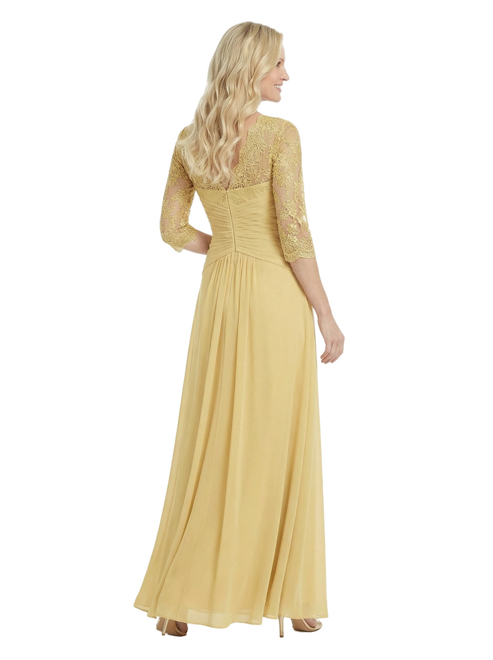 Chicsew Beautiful Lace Sleeves Ruched Chiffon Floor-Length Mother Of The Groom Dress