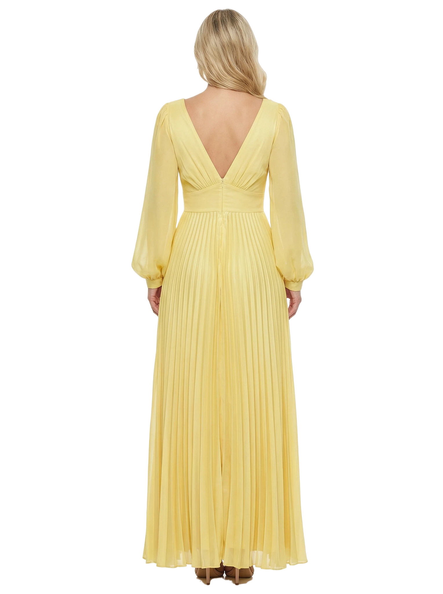 Chicsew Fancy Long Sleeves V-Neck Pleated Chiffon Empire Waist Mother Of The Bride Dress