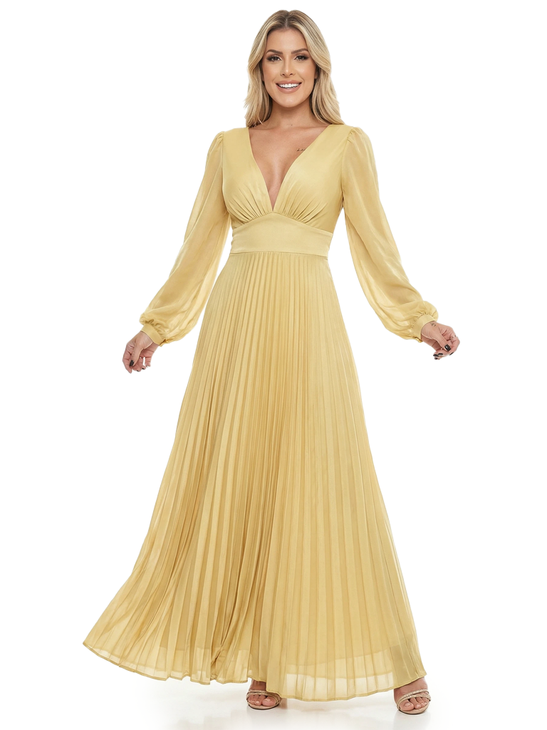Chicsew Fancy Long Sleeves V-Neck Pleated Chiffon Empire Waist Mother Of The Bride Dress