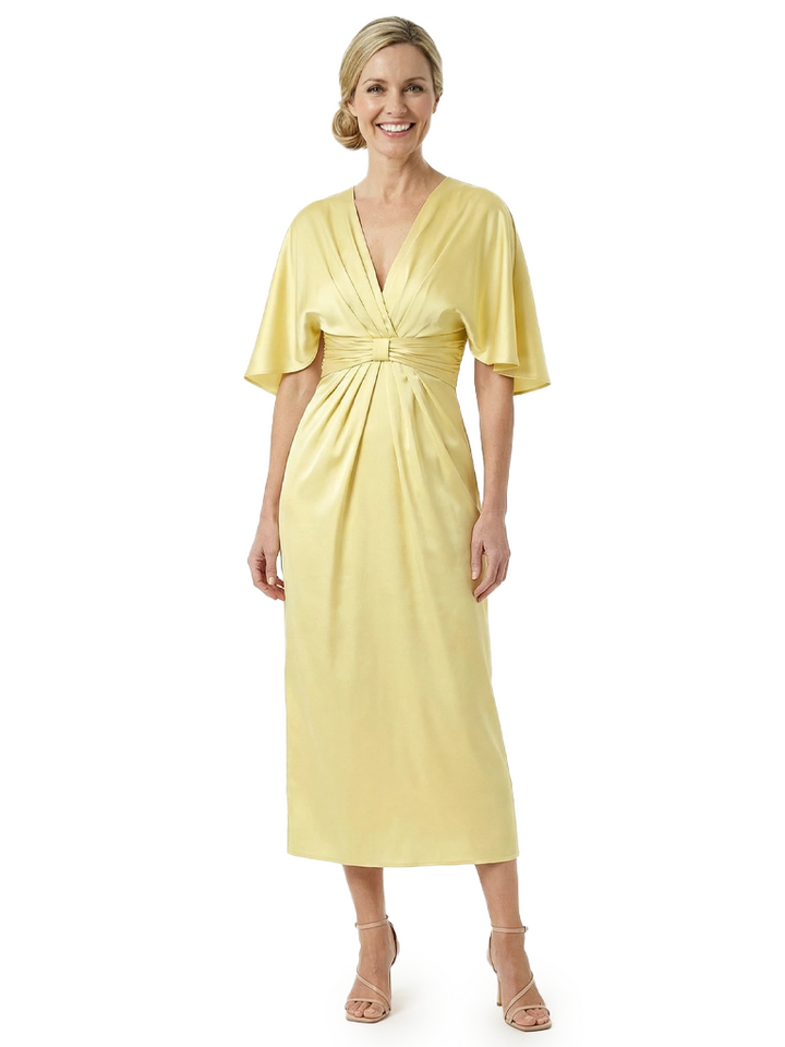 Chicsew Flutter Sleeves V-Neck Soft Satin Ruched Tea-Length Mother Of The Groom Gowns