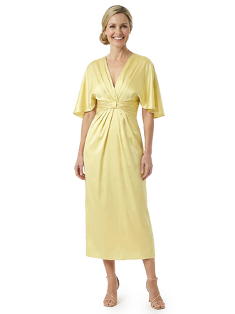 Chicsew Flutter Sleeves V-Neck Soft Satin Ruched Tea-Length Mother Of The Groom Gowns
