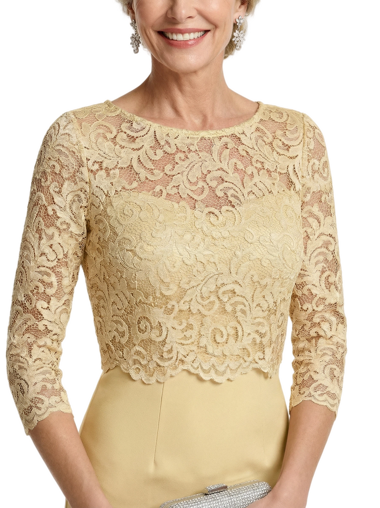 Chicsew Lace Top Long Sleeves Knee-Length Satin Sheath Mother Of The Groom Dresses For Wedding