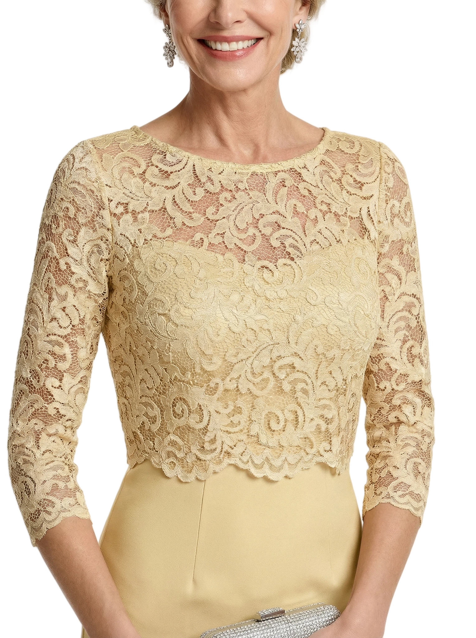 Chicsew Lace Top Long Sleeves Knee-Length Satin Sheath Mother Of The Groom Dresses For Wedding