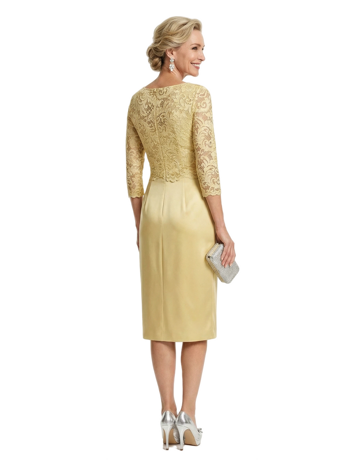 Chicsew Lace Top Long Sleeves Knee-Length Satin Sheath Mother Of The Groom Dresses For Wedding