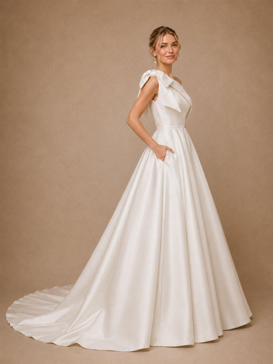 ChicSew Classy One Shoulder Bow Knot Satin A-Line Maxi Long Wedding Dress