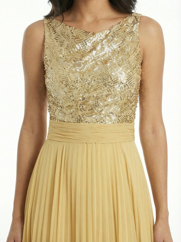 Chicsew Sparkly Sequin Top Sleeveless Ruched A-Line Chiffon Mother of The Bride Gown