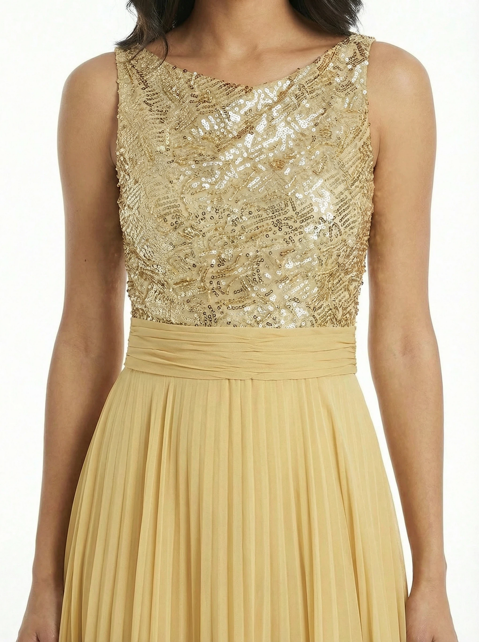 Chicsew Sparkly Sequin Top Sleeveless Ruched A-Line Chiffon Mother of The Bride Gown