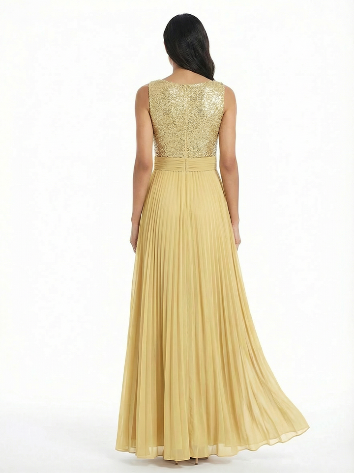 Chicsew Sparkly Sequin Top Sleeveless Ruched A-Line Chiffon Mother of The Bride Gown