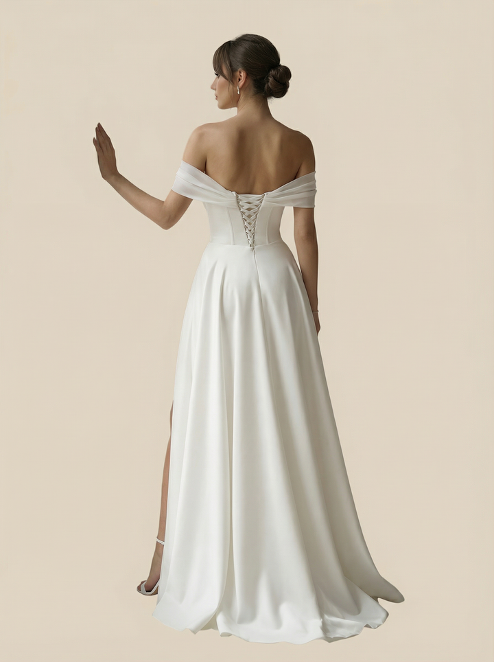 A-Line Off Shoulder Side Slit Boning Maxi Long Satin Wedding Gowns Online
