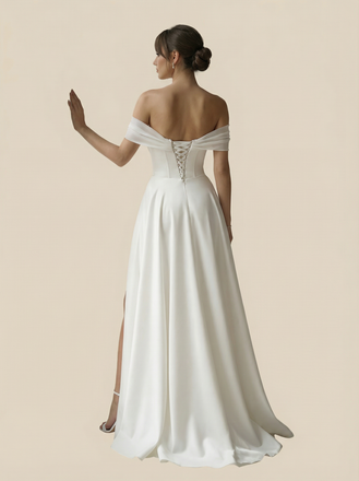 A-Line Off Shoulder Side Slit Boning Maxi Long Satin Wedding Gowns Online
