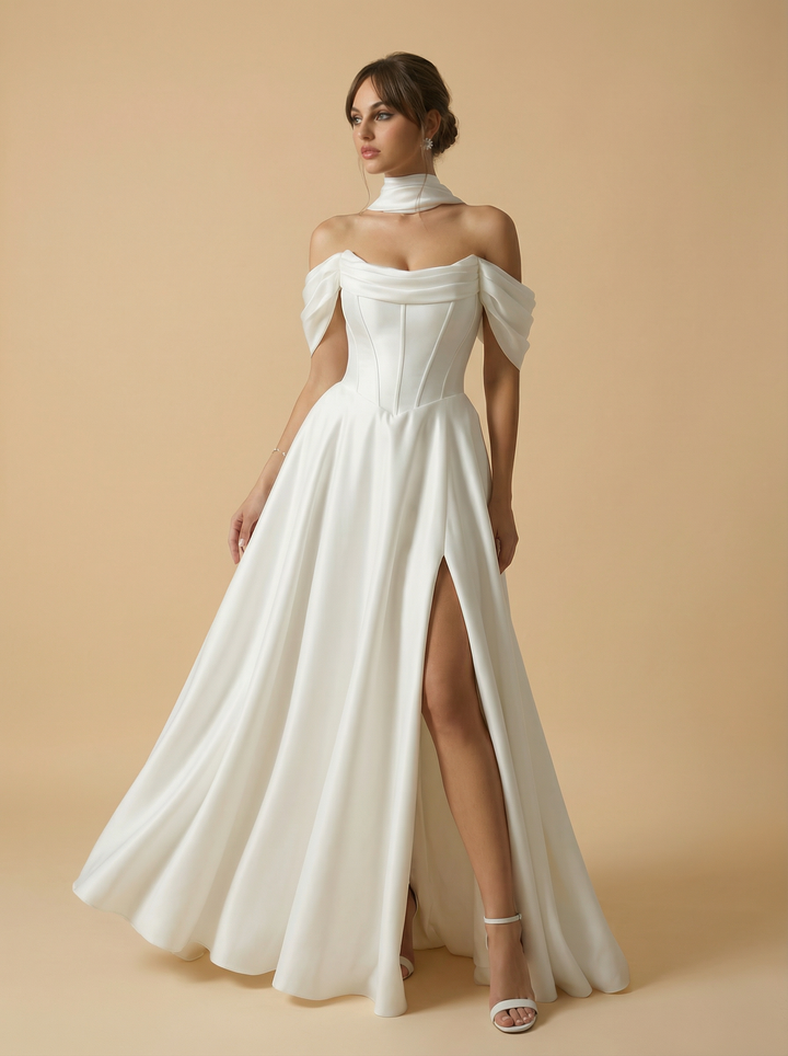 A-Line Off Shoulder Side Slit Boning Maxi Long Satin Wedding Gowns Online