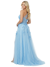 Sexy One Shoulder Sleeveless Tulle Lace Appliques Side Slit A-Line Formal Prom Dress