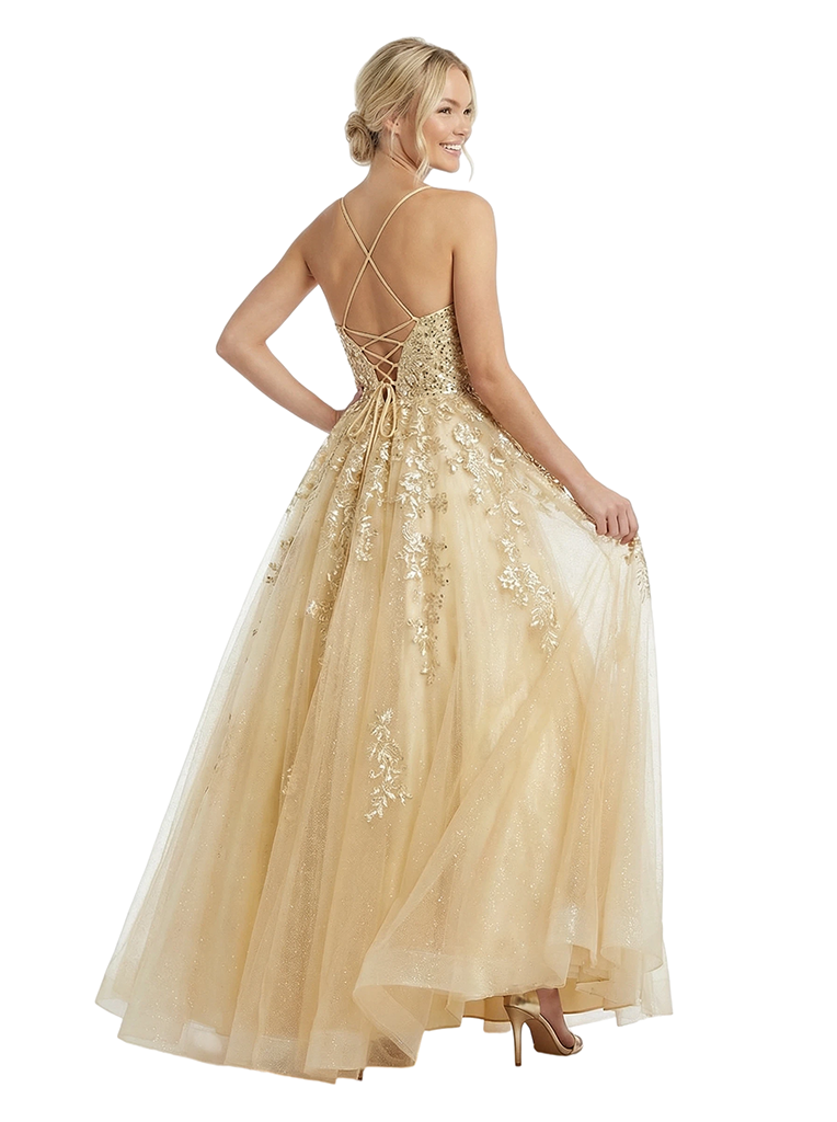 Beautiful Spaghetti Strap Prom Gown Lace Applique Classy Ball Gown Silhouette for Formal Events