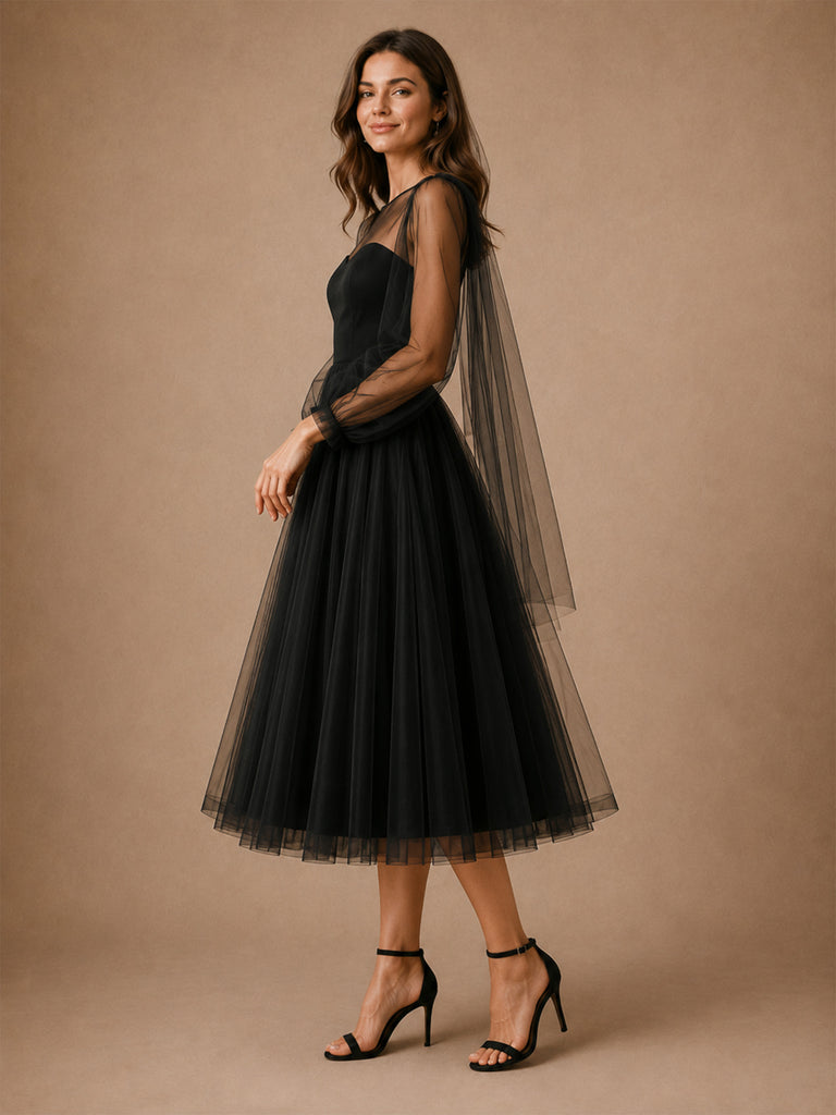 ChicSew Simple Illusion Long Sleeves Tulle A-Line Tea-Length Wedding Dresses