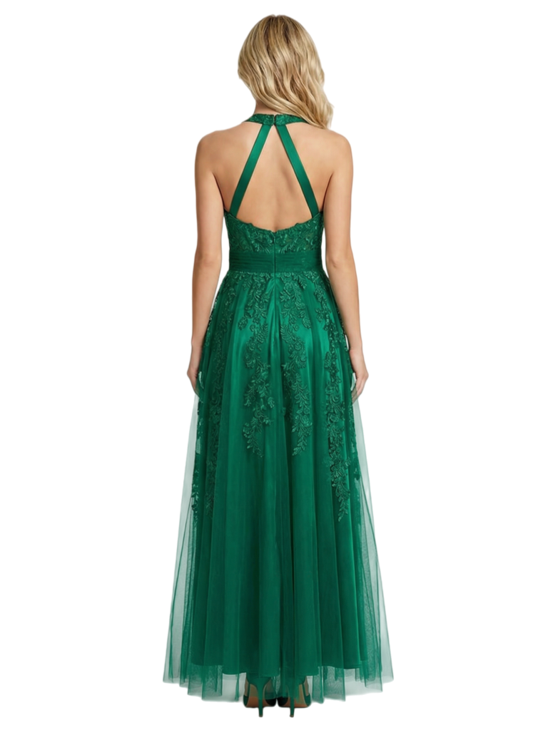 Elegant Halter V-Neck Lace Applique Tulle Ball Gown Silhouette Floor Length Formal Evening Gown