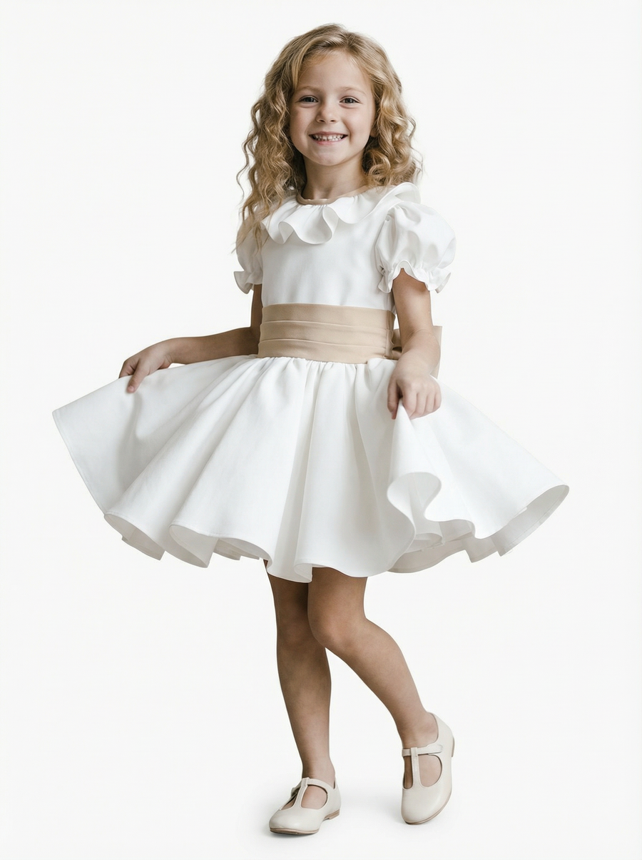Short Sleeve Ruffle Neck Satin Skater Style Knee Length Junior Bridesmaid Dress
