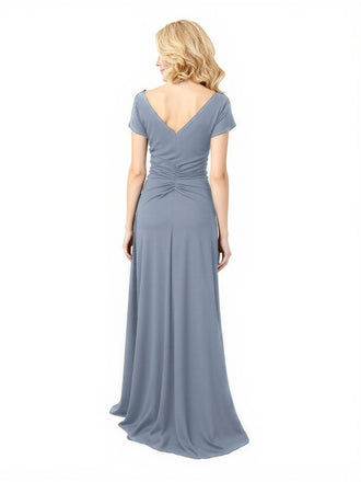 Elegant Chiffon Short Sleeves V-Neck A-Line Ruched Long Mother of The Bride Dresses