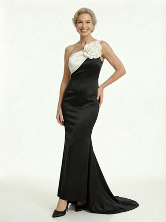 Elegant Black And White Satin Mermaid One Shoulder Long Mother Of The Bride Dresses