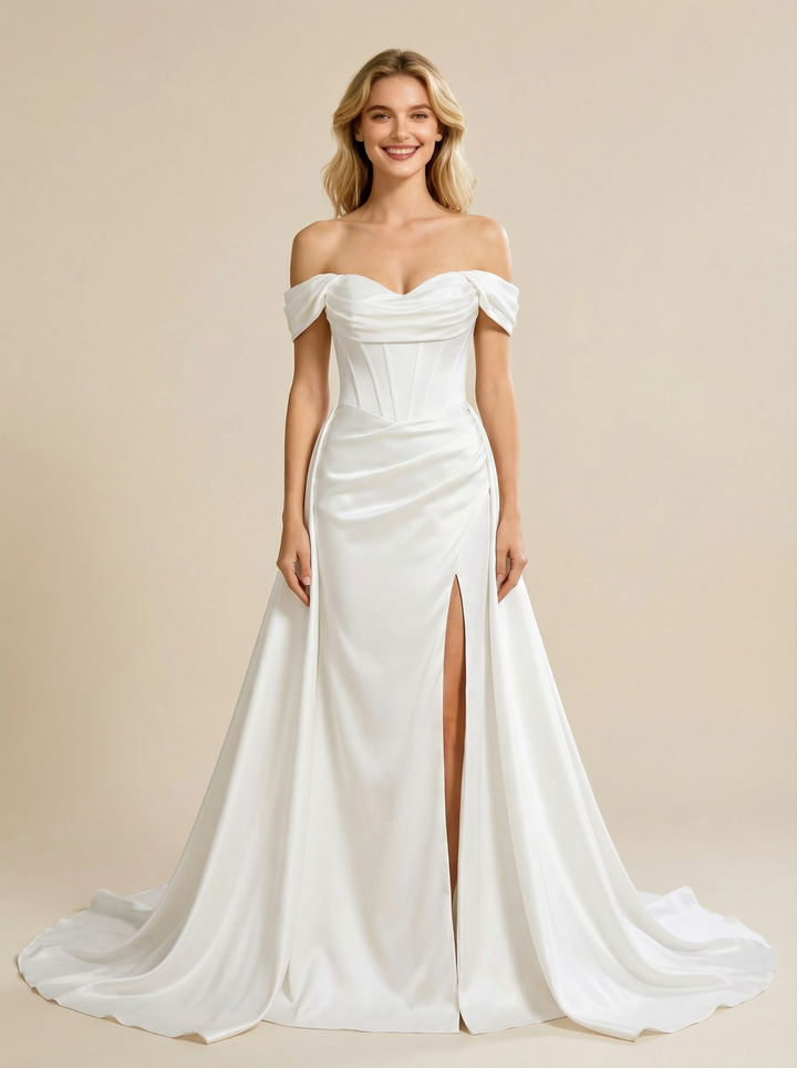 Mermaid Off Shoulder Side Slit Maxi Long Satin Wedding Dresses Overskirt