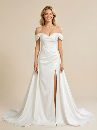 Mermaid Off Shoulder Side Slit Maxi Long Satin Wedding Dresses Online