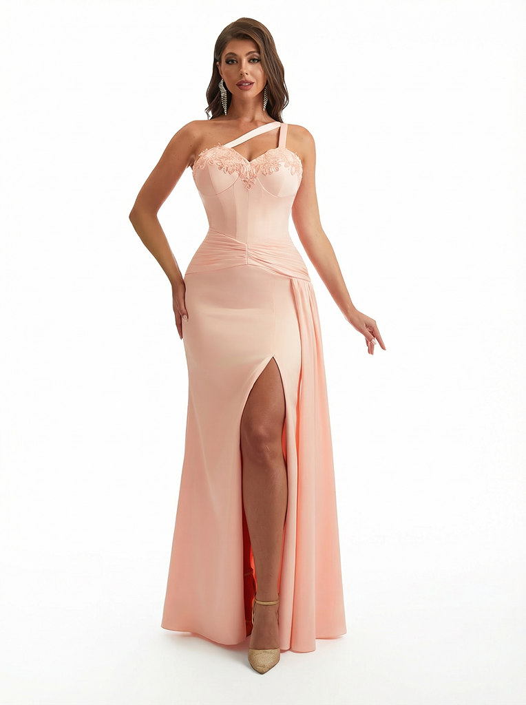 Sexy One Shoulder Lace Mermaid Silky Satin Maxi Formal Evening Dresses For Women With Slit