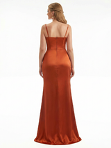 Elegant Spaghetti Straps Boning Side Slit Mermaid Soft Satin Long Black Tie Gowns
