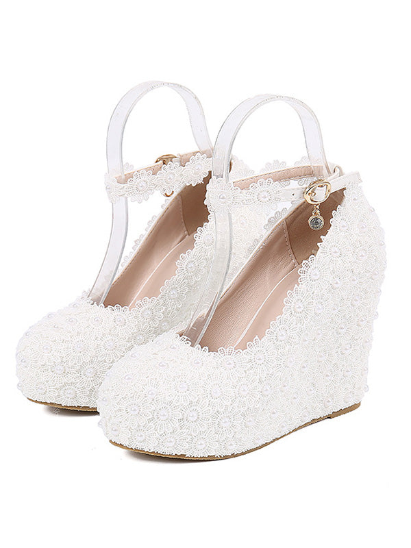 Buckle Wedge Lace White Wedding Shoes