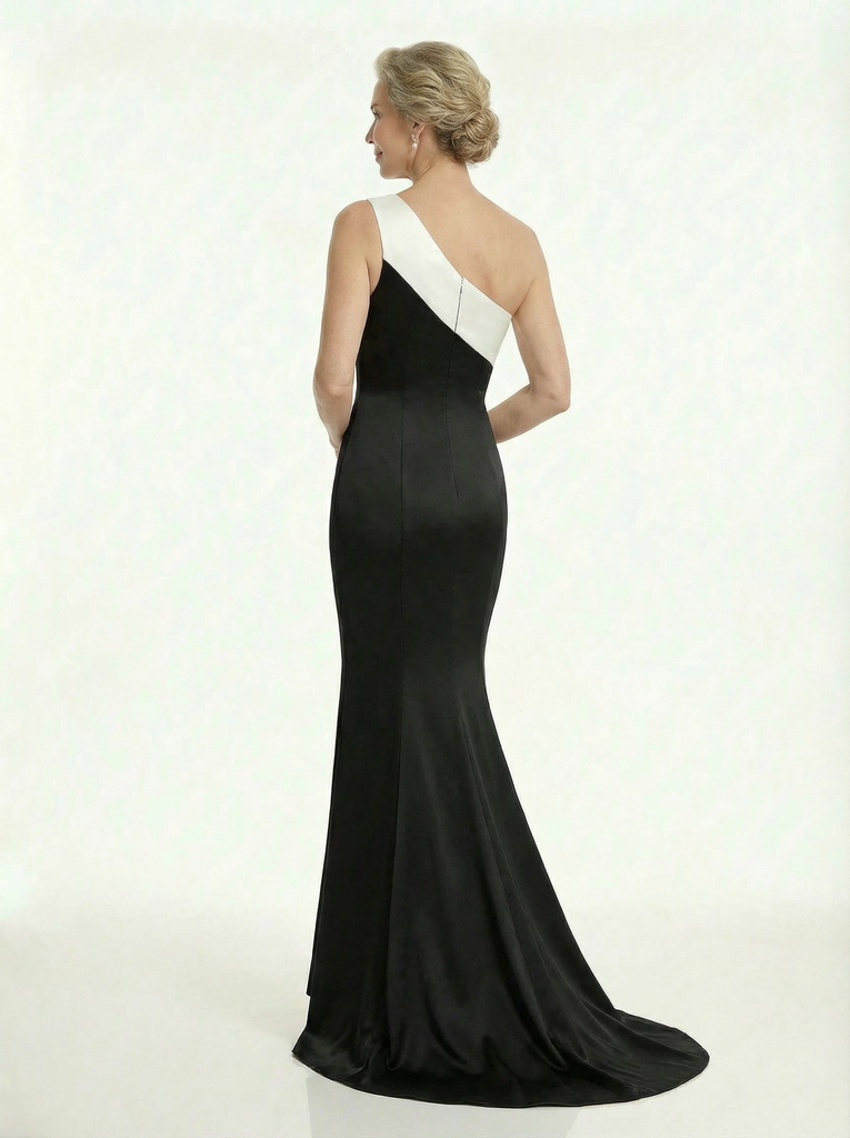 Elegant Black And White Satin Mermaid One Shoulder Long Mother Of The Bride Dresses