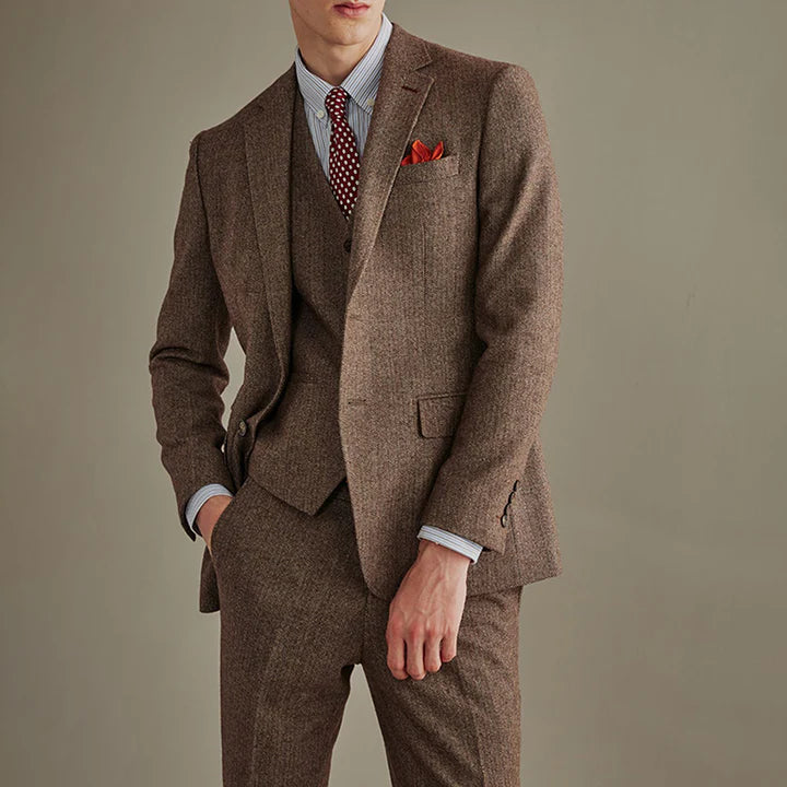 3 Pieces Herringbone Tweed Suit - Fashion 3-Piece Mens Suit with Herringbone Notch Lapel for Wedding CN419