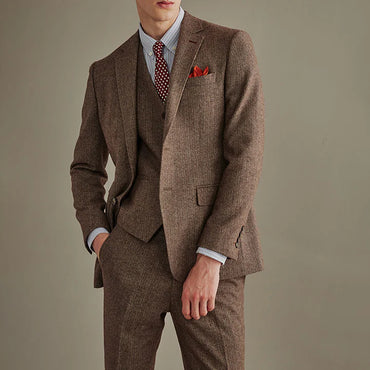 3 Pieces Herringbone Tweed Suit - Fashion 3-Piece Mens Suit with Herringbone Notch Lapel for Wedding CN419