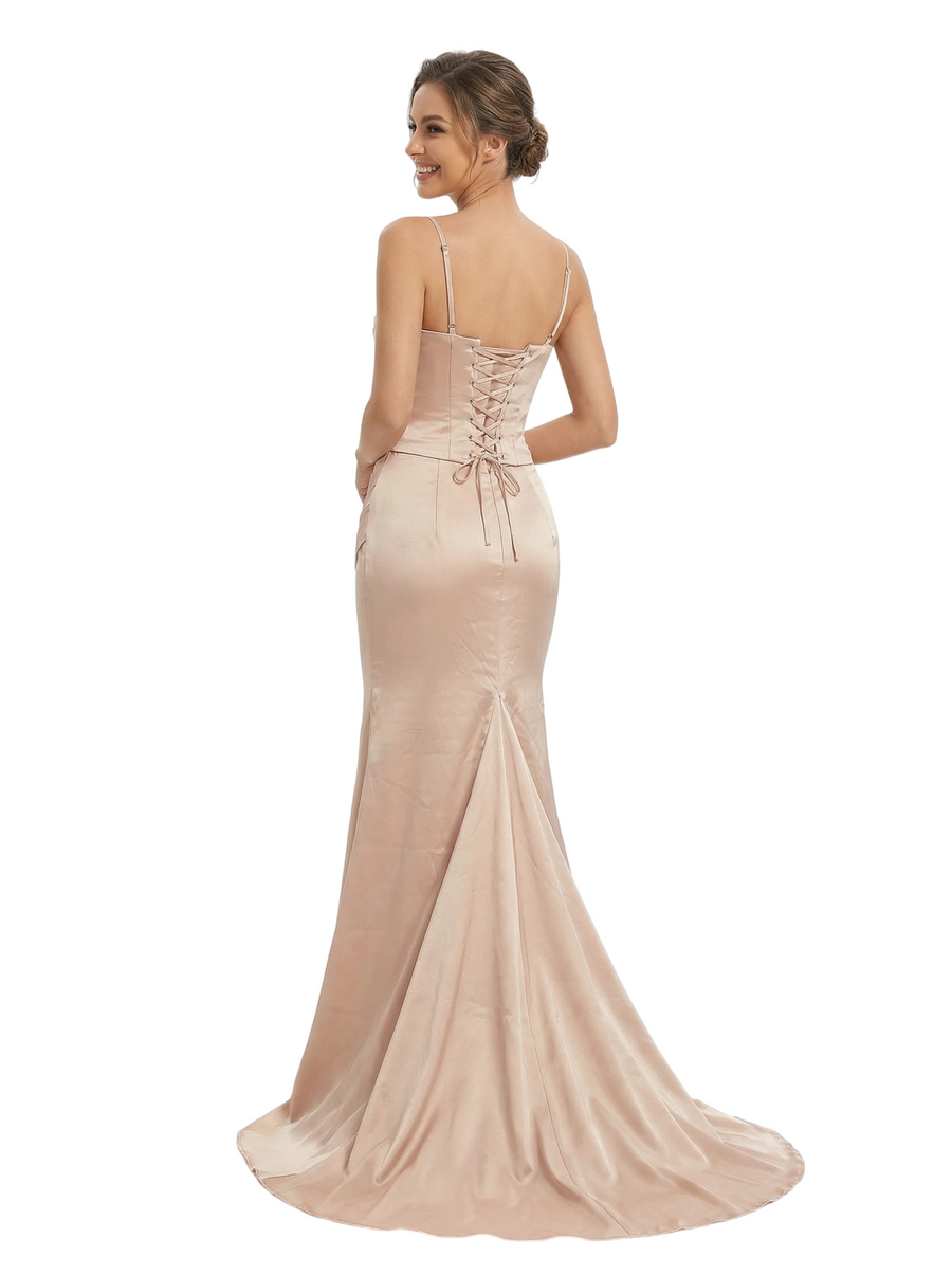 ChicSew Spaghetti Straps Corset Satin Ruched Mermaid Long Formal Bridesmaid Dresses