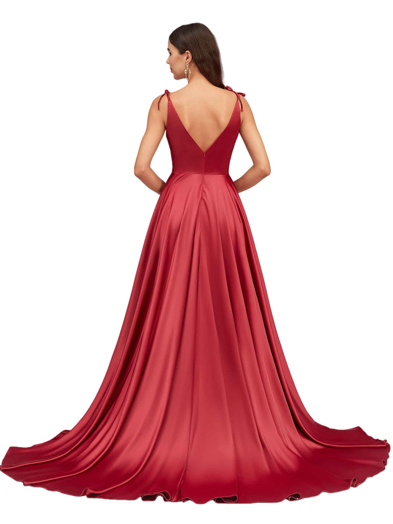 Sexy V-Neck Spaghetti Straps A-Line Side Slit Soft Satin Formal Long Bridesmaid Dresses