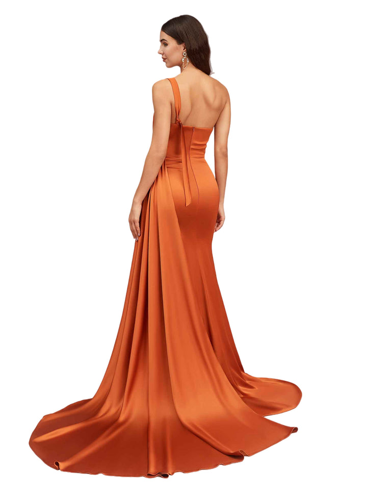 Sexy One Shoulder Side Slit Soft Satin Mermaid Formal Long Bridesmaid Dresses