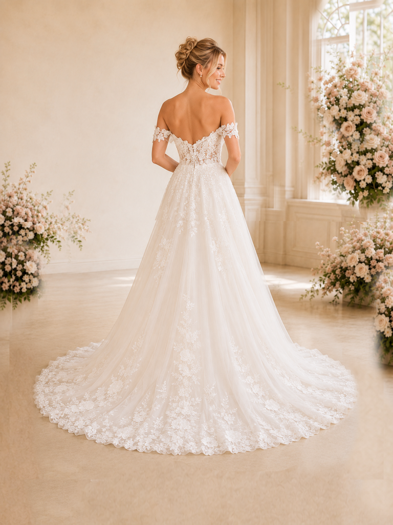 ChicSew Elegant Off The Shoulder A-Line Lace Tulle Long Wedding Dresses