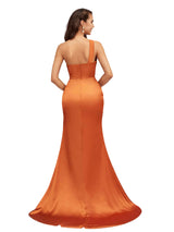 Sexy Mermaid One Shoulder Side Slit Beauty Long Soft Satin Bridesmaid Dresses Online