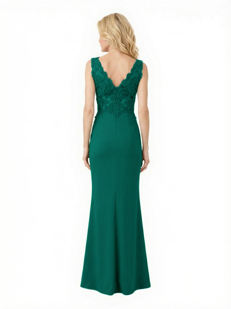 Elegant Crepe V-Neck Side Slit Lace Mermaid Long Mother of the Bride and Groom Dresses