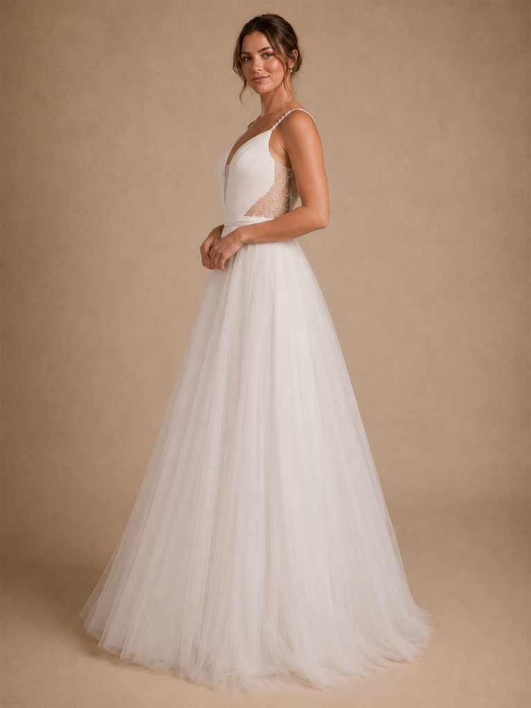 ChicSew Classy Spaghetti Straps Sleeveless Tulle A-Line Maxi Long Wedding Dress