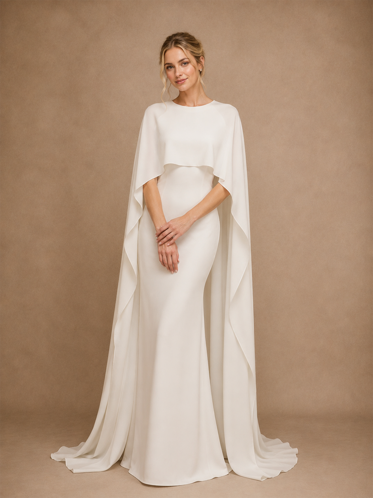 ChicSew Elegant Round Neck Crepe Mermaid Floor-Length Wedding Dress With Cape